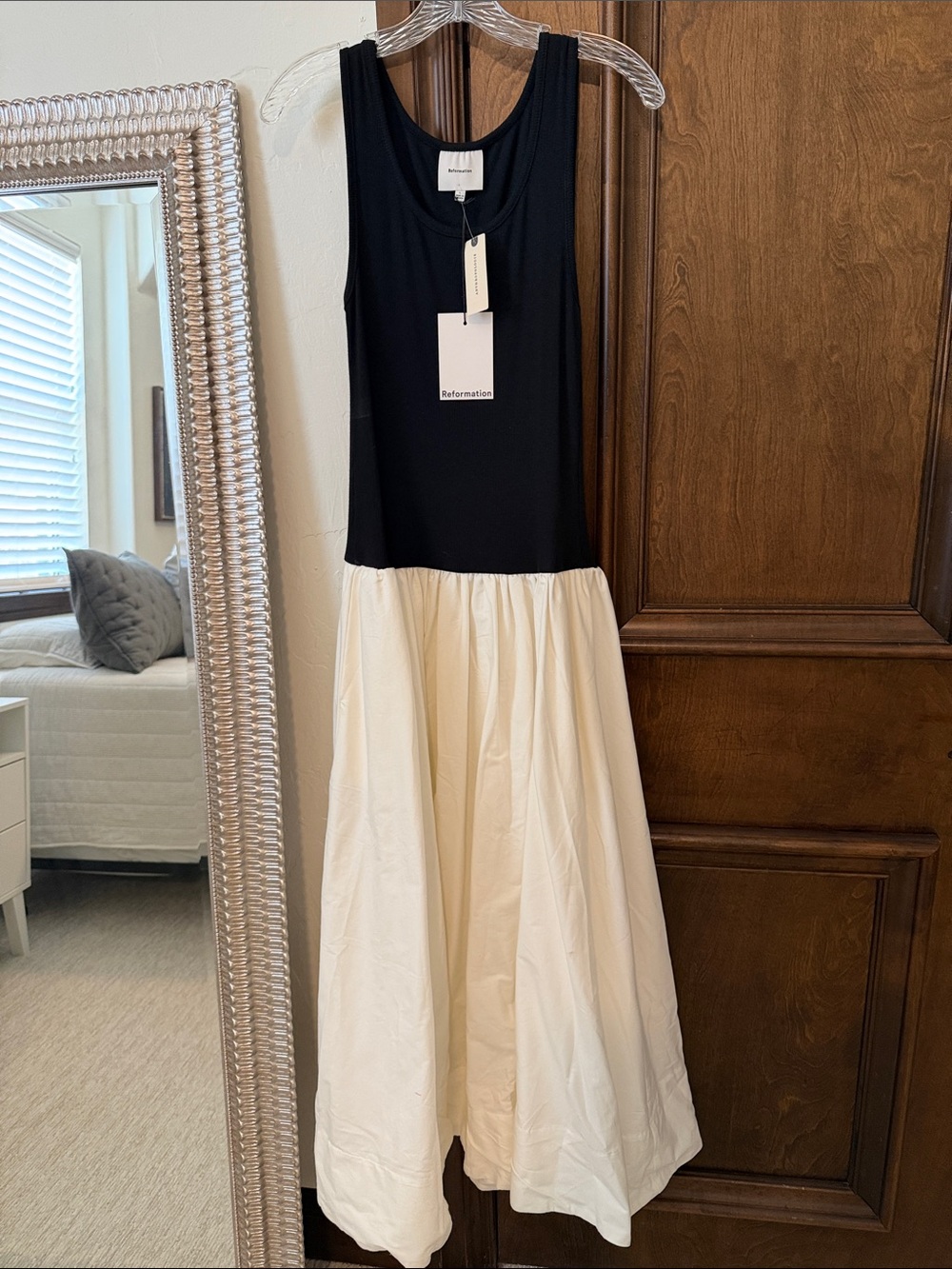 Reformation Black and Cream Drop-Waist Dress